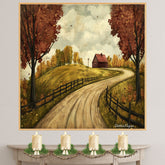 Winding Autumn Road with Red Barn and Fences – Rustic Folk Art Country Landscape Painting on Ready to Hang 1.5" Thick Canvas Wrap, Floating Framed Canvas, Flat Rolled Canvas